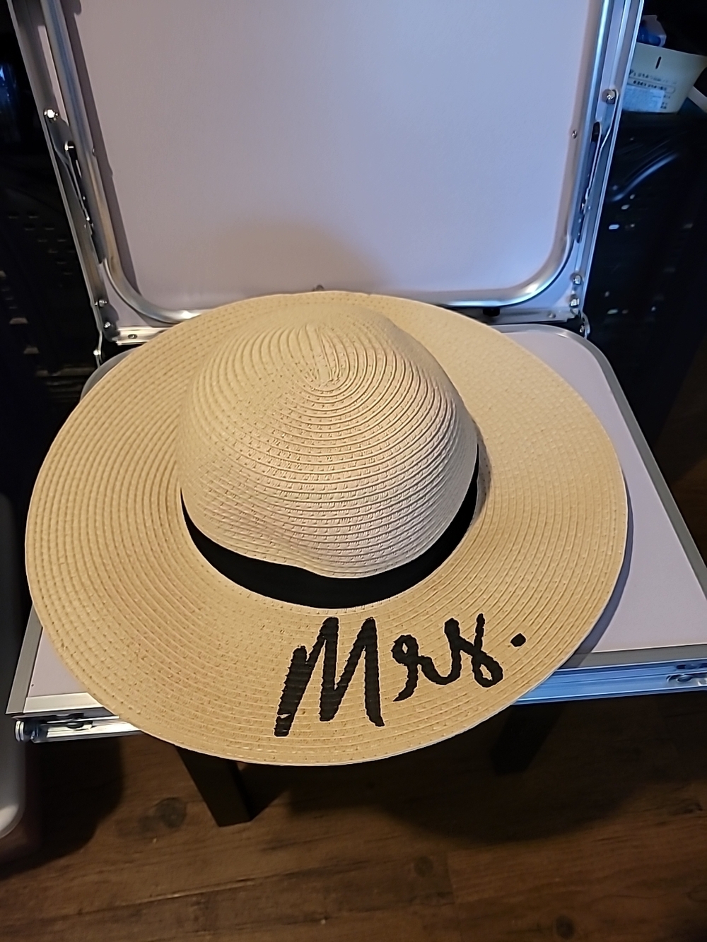 Mrs. Embroidered Wide Brim Straw Sun Hat - Natural